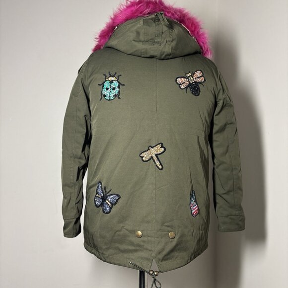 NWOT $600 PARKA PATCHED‎ HOODED Real Fur Removable Lining KHAKI COAT Sz Kid 12 - Picture 1 of 16